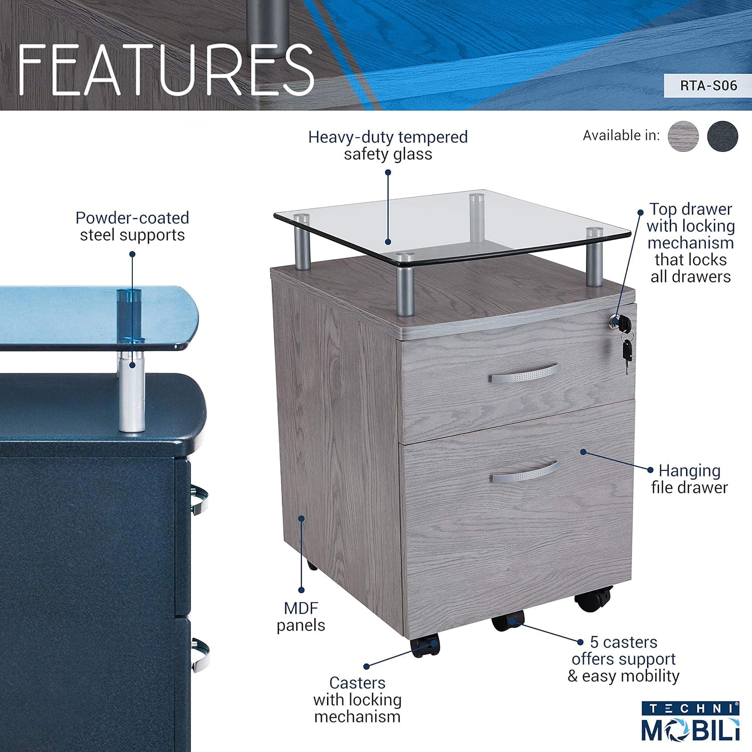 2-Drawer Rolling File Cabinet with Lock and Glass Top, under Desk File Cabinet with Wheels, Printer Stand, Grey-3
