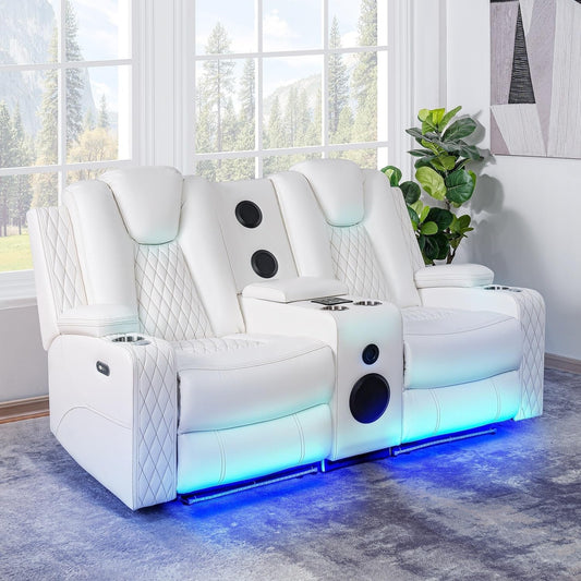 Chicago Power Loveseat Recliner Sofa with Massage & Home Theater Seating with Wireless Charging Electric Recliner RV Sofa with Usb/Cup Holders/Storage/Led Light/Speaker, White/Air Leather-0