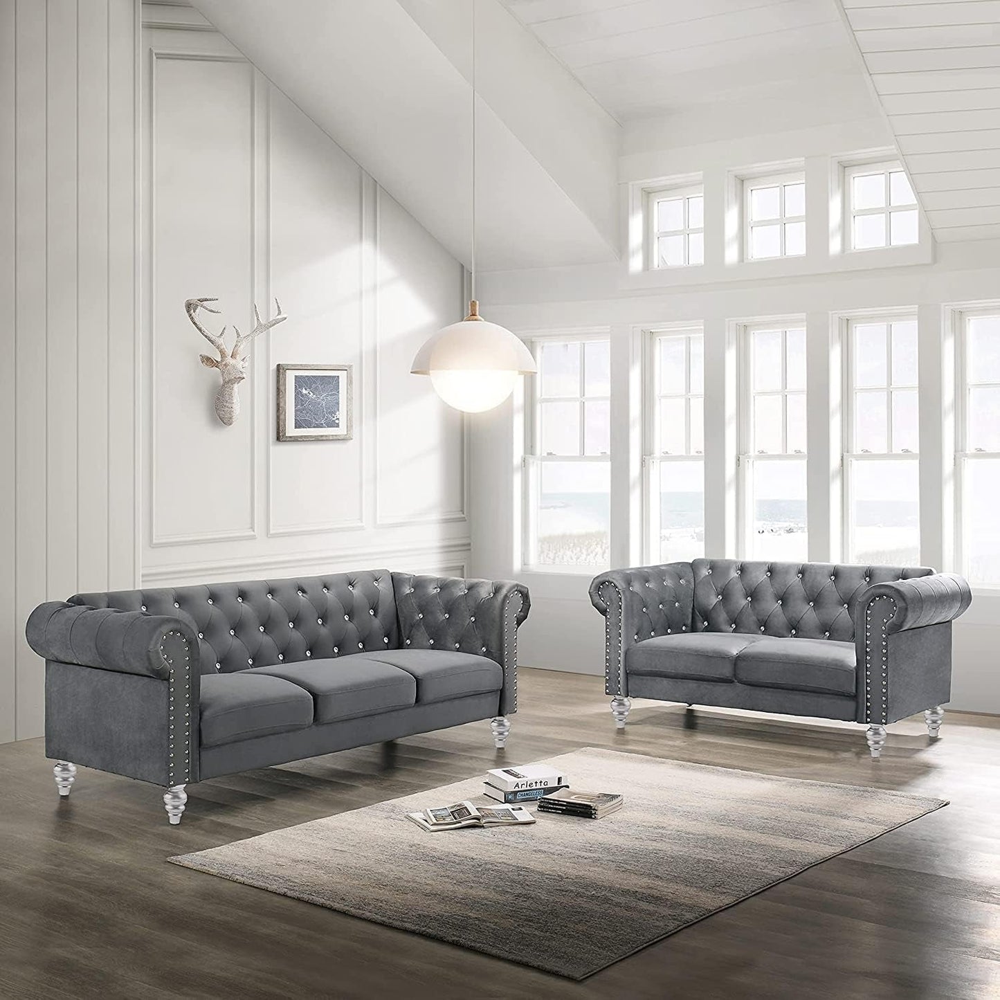 Emma Crystal Sofa and Loveseat Living Room Set, Gray-0