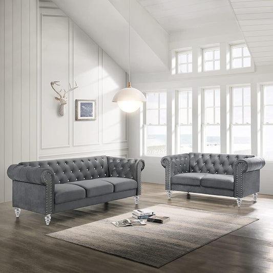 Emma Crystal Sofa and Loveseat Living Room Set, Gray-0