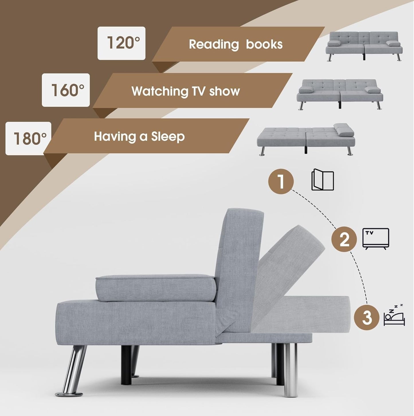 Futon Sofa Bed Modern Folding Futon Set Linen Fabric Convertible Recliner Lounge for Living Room with 2 Cup Holders, Removable Armrests (Fabric, Light Grey)-3