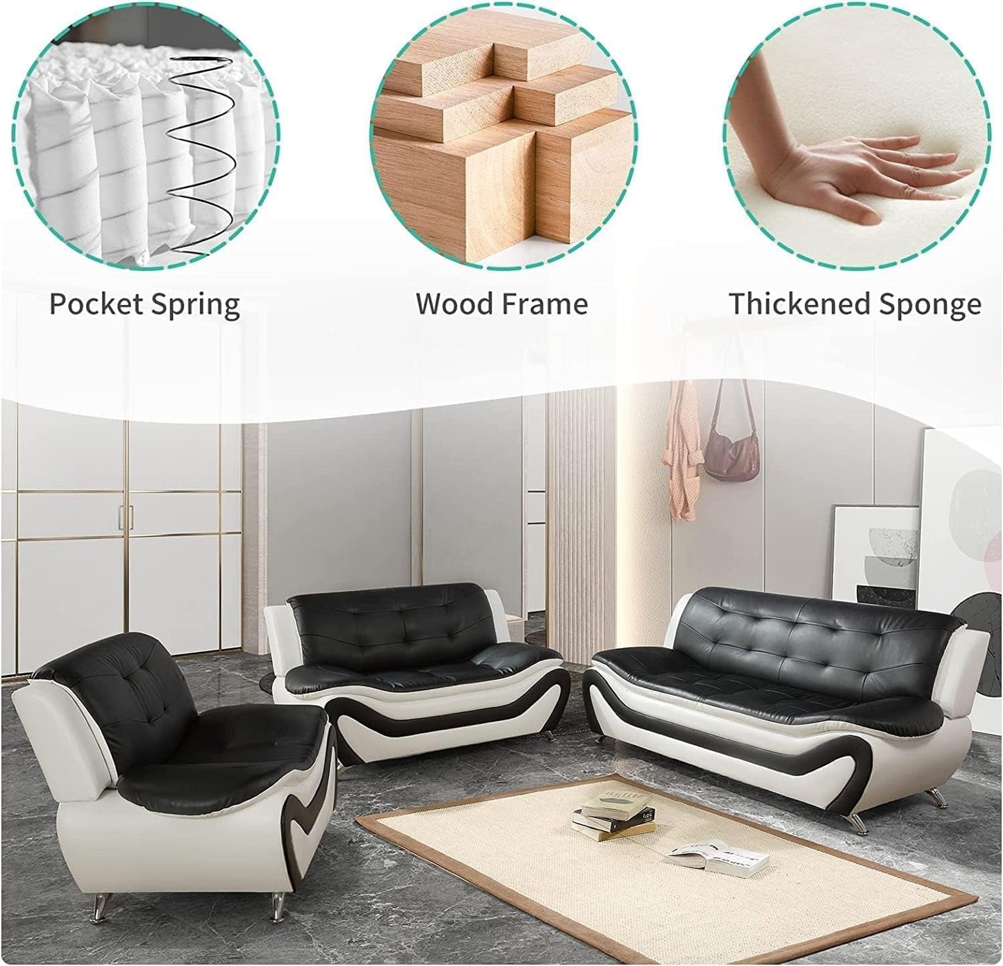 Contemporary Living Room Furniture Set, Vegan Leather Sofa Set for Living Room/House/Bedroom/Office/Apartment (White/Black, 3 PCS), F45&F46-3