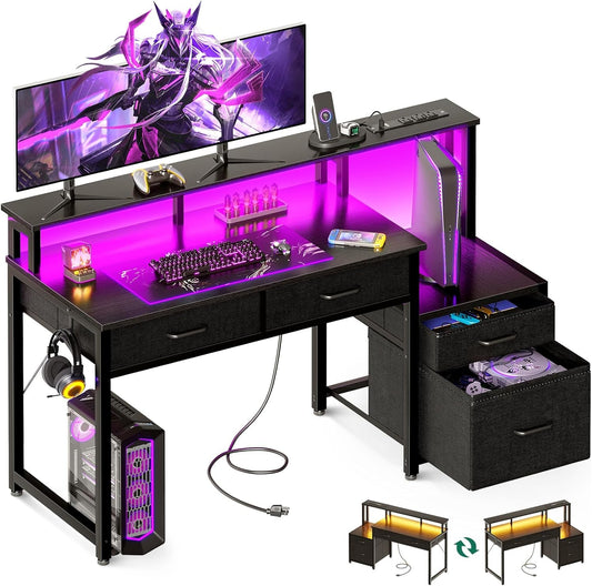 48-Inch Computer Desk with Power Outlets and LED Lights, Gaming Desk with 4 Fabric Drawers, Reversible Office Desk with Monitor Stand, Writing/Study Table for Home, Black-0