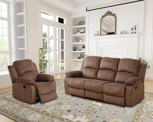 Recliner Sofa Set Living Room Furniture, Corduroy Fabric Reclining Sofa Set, Recliner Couch Set with Cup Holders for Office Home (Sofa and Chair Set, Brown)-0