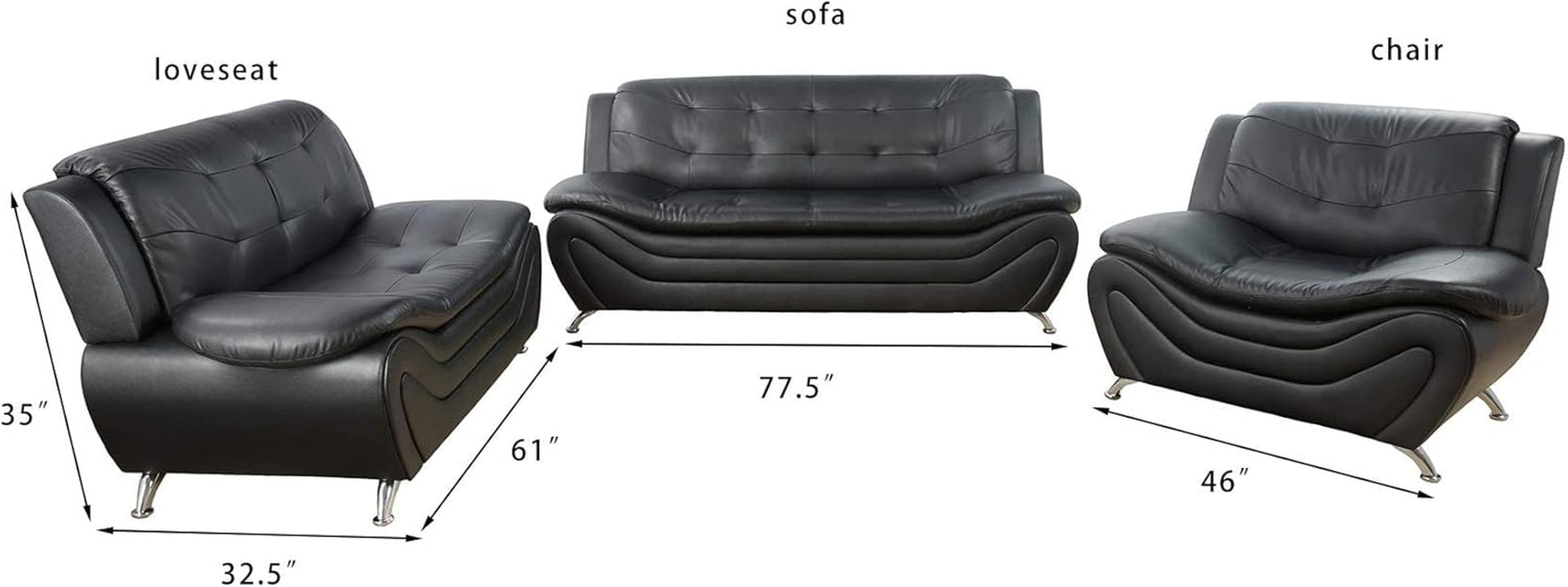 3 PCS Faux Leather Aldo Modern Sofa Set, Living Room Set with Sofa, Loveseat and Chair (Black)-2