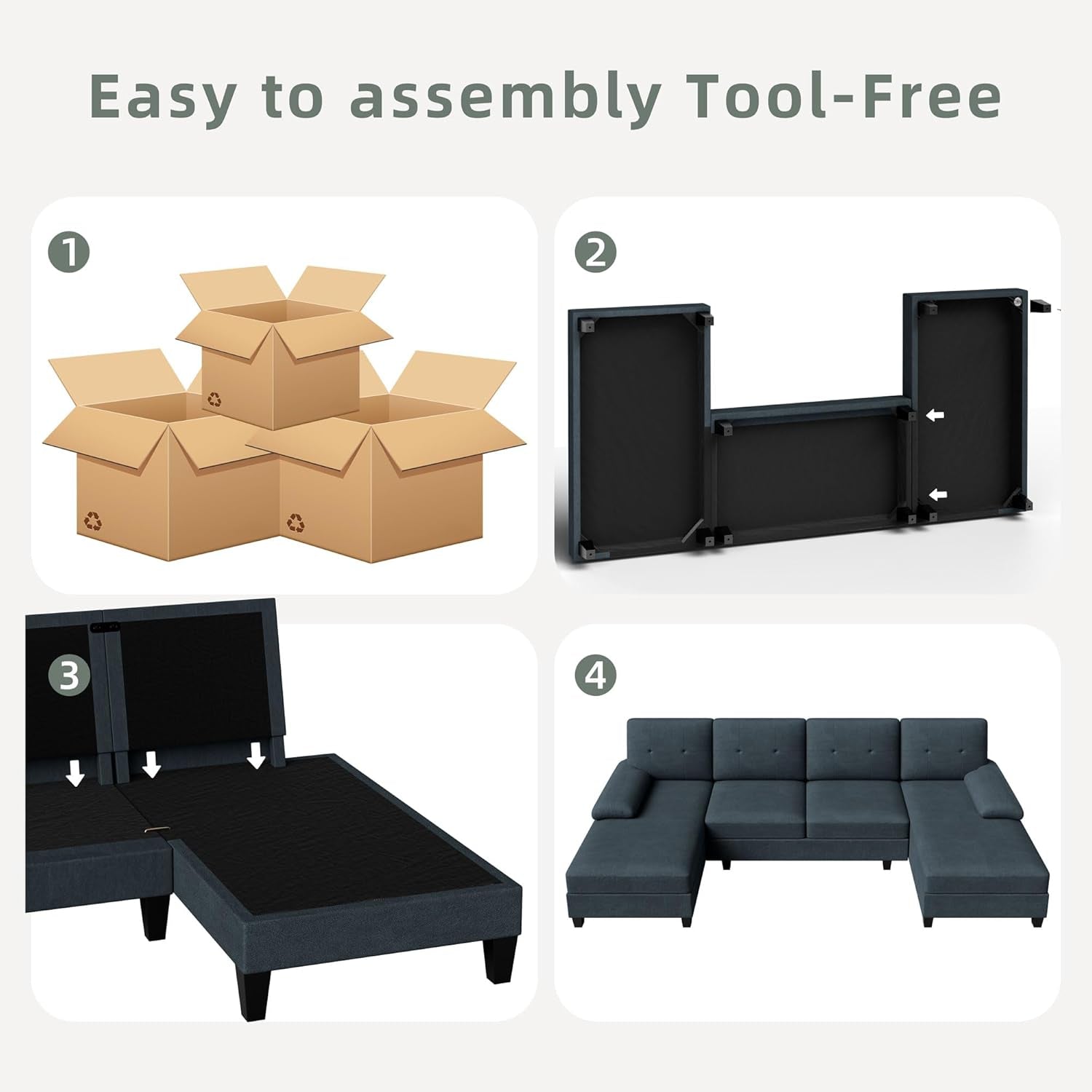 U-Shaped Sectional Sofa with Double Chaise, 4-Seat Linen Fabric Living Room Furniture Set, High-Density Cushions for Ultimate Comfort & Modern Style, Dark Grey-4