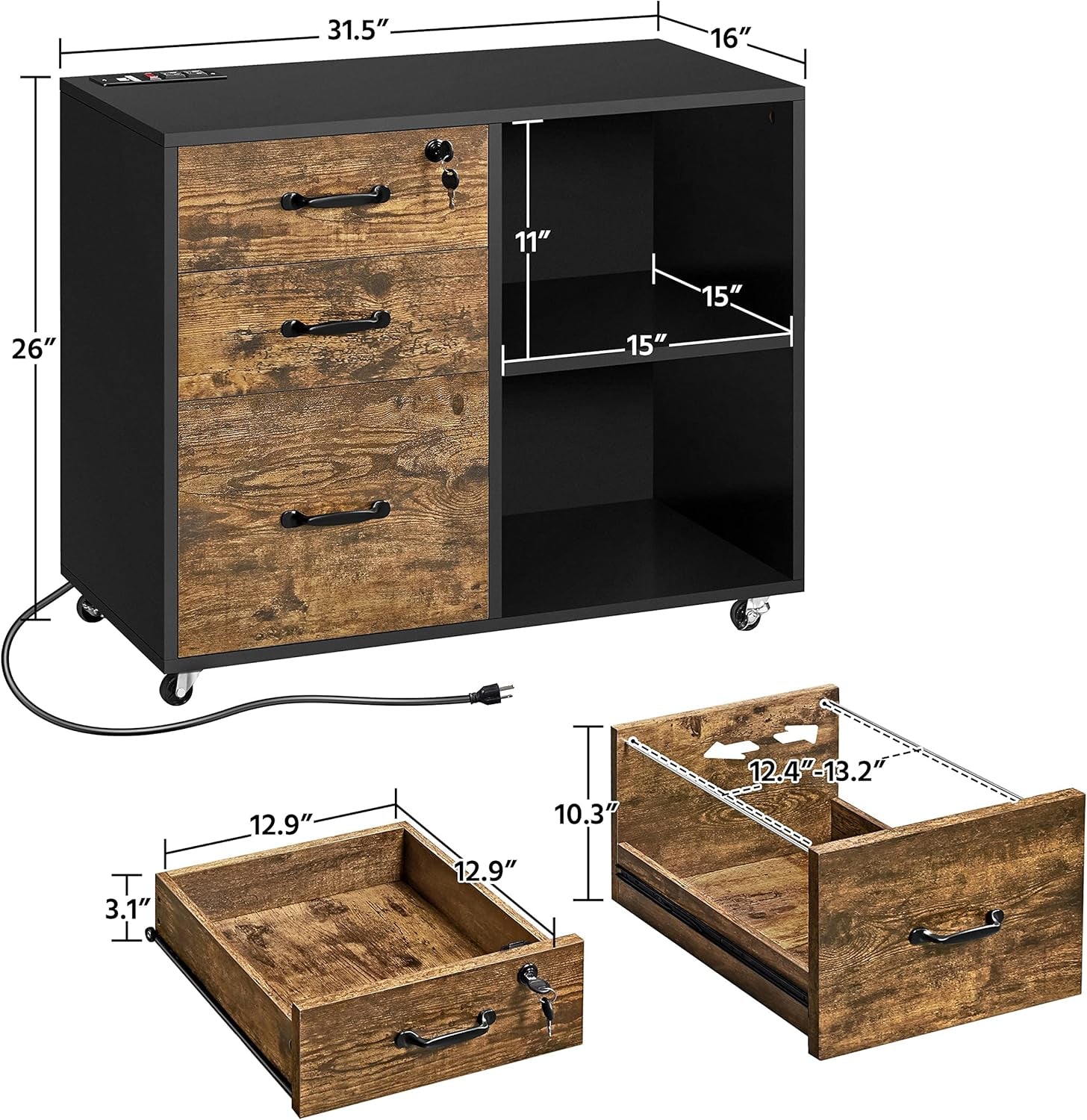 File Cabinet, 3 Drawer Mobile Lateral Filing Cabinet, Printer Stand with Open Storage Shelf under Desk Storage for Home Office, Black/Rustic Brown-2