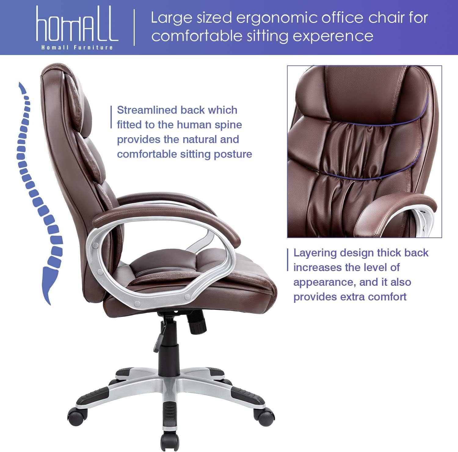 Office Chair High Back Computer Chair Ergonomic Desk Chair, PU Leather Adjustable Height Modern Executive Swivel Task Chair with Padded Armrests and Lumbar Support (Brown)-3