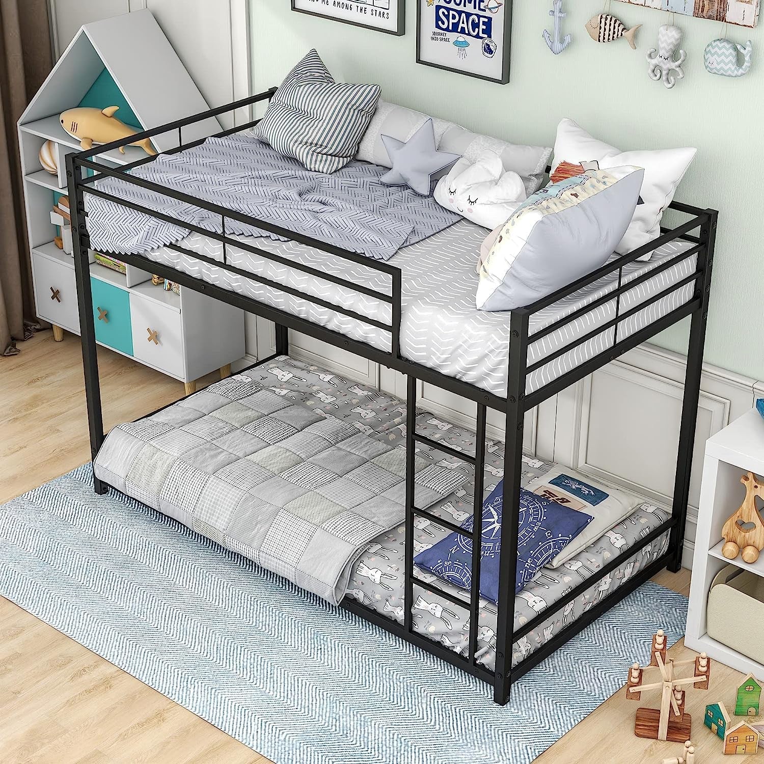 Twin Metal Low Bunk Bed with Guard Rails and Ladder-0