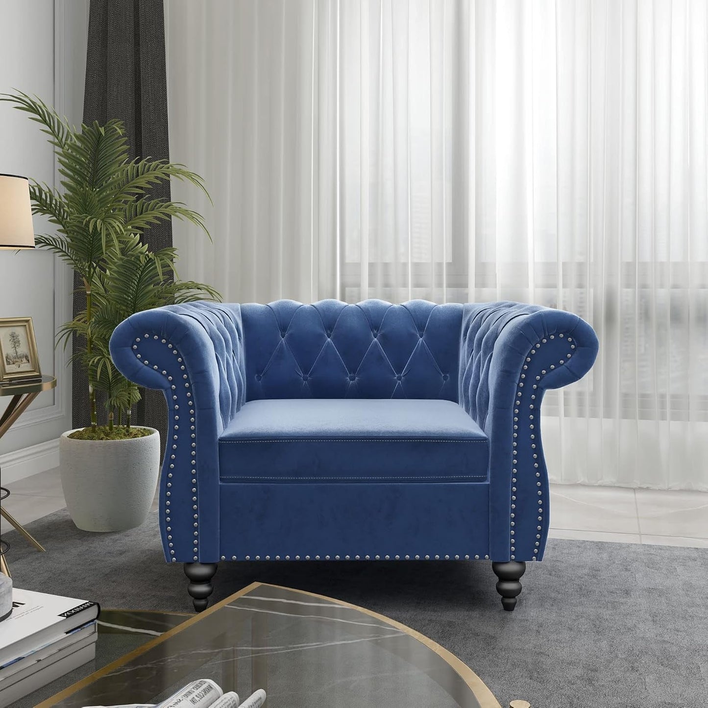 2 Piece Living Room Set, Velvet Chesterfield Sofa Loveseat Couch Chair with Scroll Arms and Nailhead for Living Room, Office (Blue)-1
