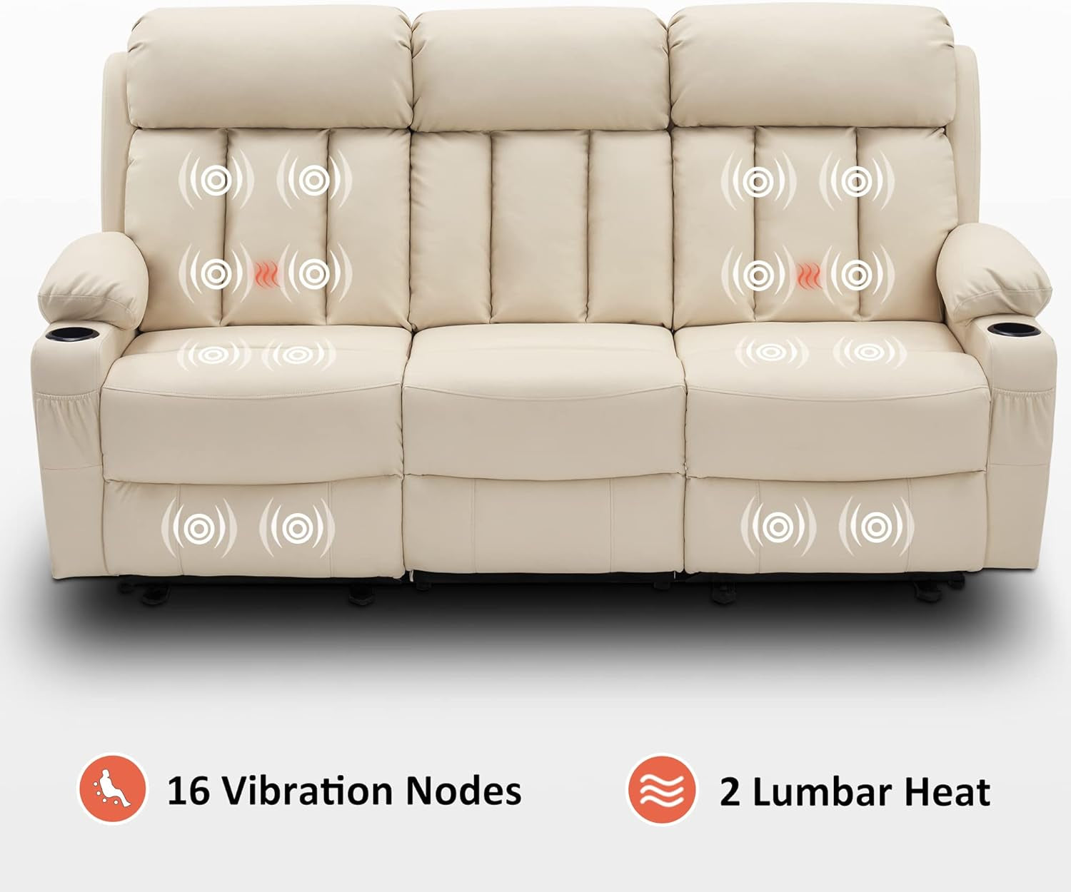 Power Reclining Sofa with Heat and Vibration,Usb Ports, Cup Holders,3-Seat Dual Recliner Sofa for Living Room 6077(Cream White, Reclining Sofa)-4