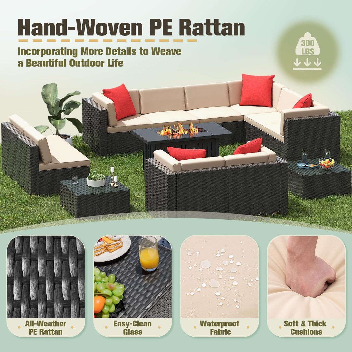 Patio Furniture Sets 13-Pieces Outdoor PE Rattan Sectional Sofa W/43In Gas Fire Pit Table 55000 BTU Add Warmth to Gatherings Parties on Deck Garden Backyard, Light Beige-4