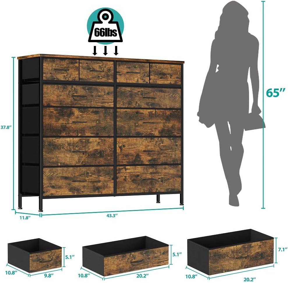 Dresser for Bedroom with 12 Drawers, Tall Fabric Drawer Dresser, Chest of Drawers for Closet, Nursery, Bedside, Living Room, Laundry, Entryway, Hallway(Rustic Brown)-2