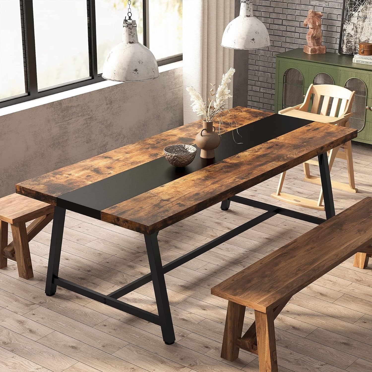 Dining Table for 8 People, 70.87-Inch Rectangular Wood Kitchen Table with Strong Metal Frame, Industrial Large Long Dining Room Table for Big Family (Rustic Brown)-4