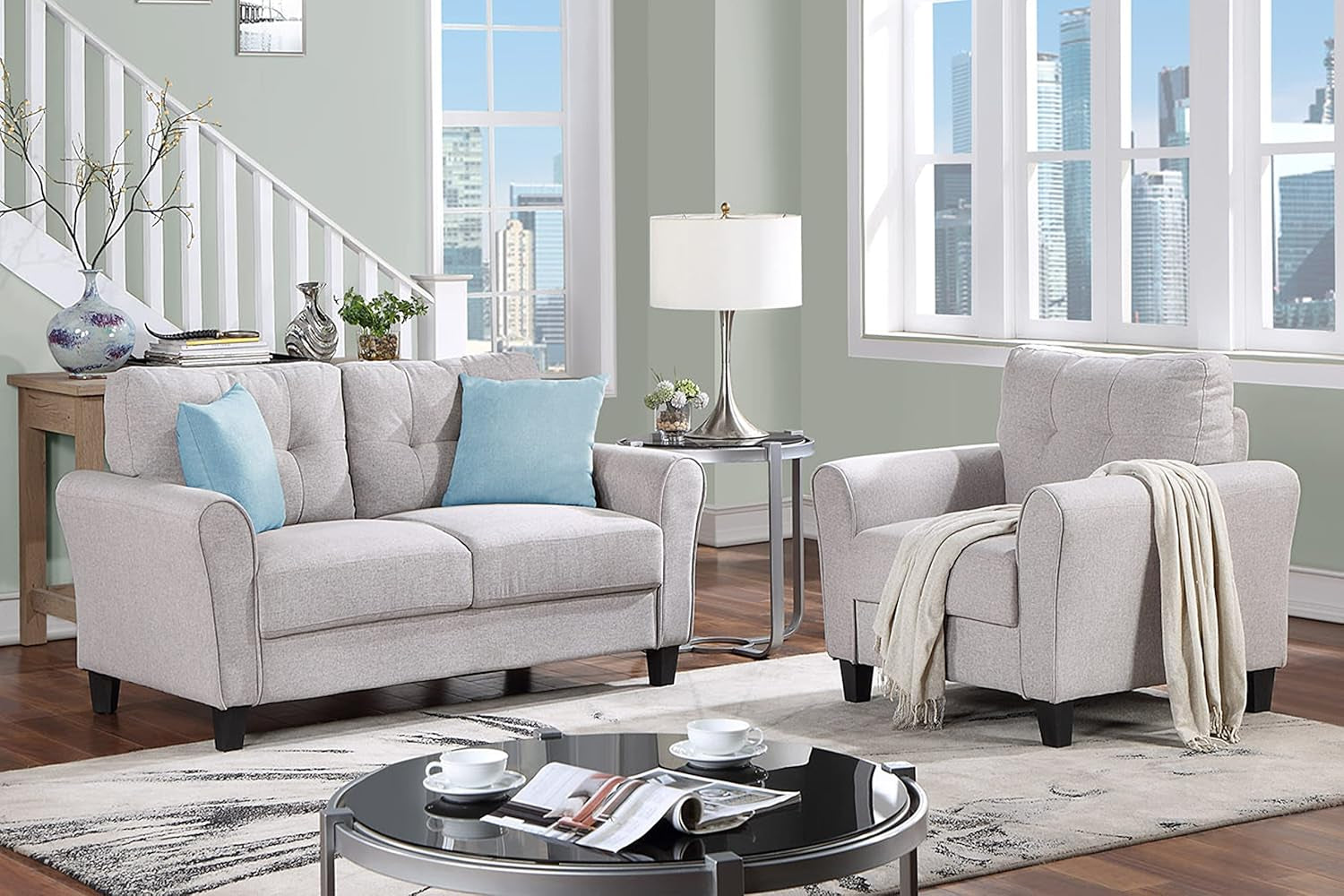 2-Piece Living Room Sectional Sofa Set, Modern Style Button Tufted Linen Upholstered Armchair and Loveseat Sofa Sectional Couch Set, Light Gray-0