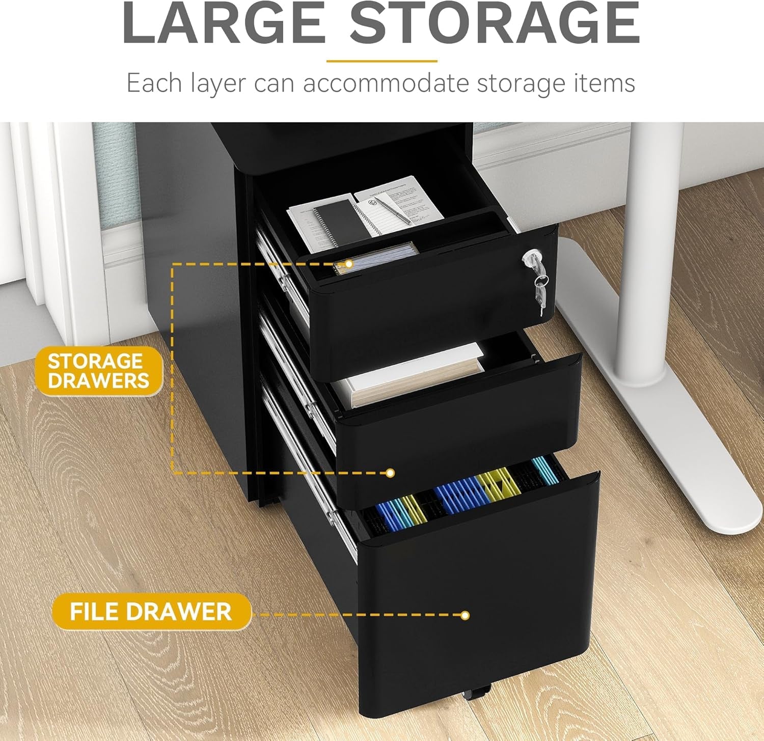 3-Drawer Vertical File Cabinet, Mobile Filing Cabinet with Lockable, Pre-Assembled Compact Slim File Cabinet, Portable Office Storage for A4/Letter/Legal Documents (Black)-3