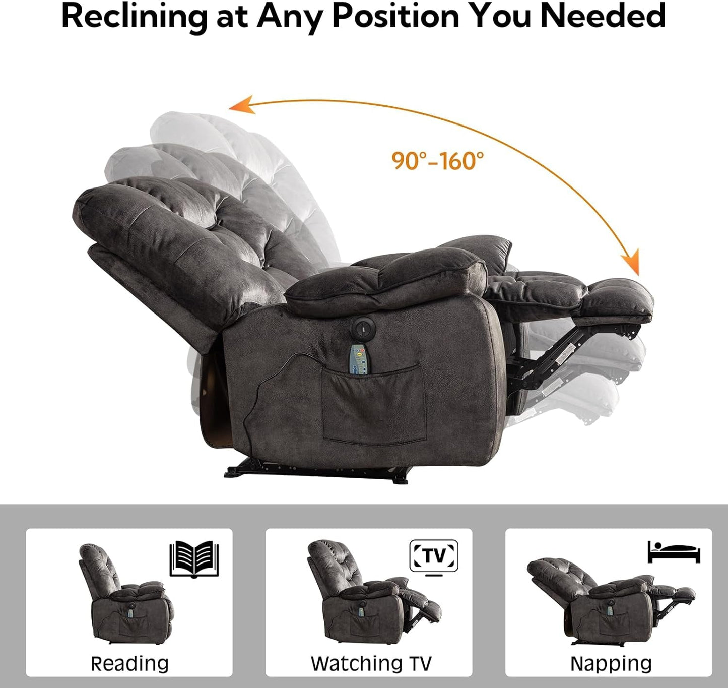 Oversized Power Recliner Chairs with Massage and Heat, 41" Wide Electric Reclining Chair with USB Port, Breathable Fabric Overstuffed Reclining Sofa for Living Room Bedroom (No Lift)-3