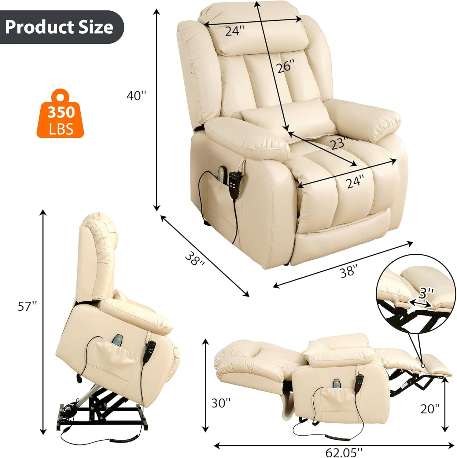 Large Reclining Lift Chair, Dual Motor Massage Chair, Genuine Leather Recliner with Heating and Massage for Seniors, with Double Lumbar Cushion and Extended Footrest, USB Port(Beige)-1