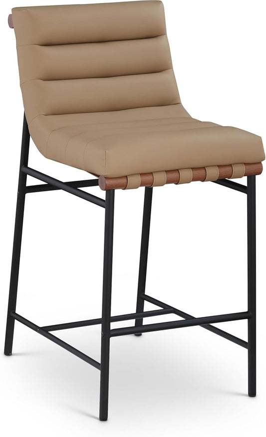 813Tan-C Burke Collection Modern | Contemporary Counter Stool with Soft Tan Vegan Leather, Tan Vegan Leather Straps, Matte Black Metal Frame, 18" W X 24" D X 37.5" H, Tan-0