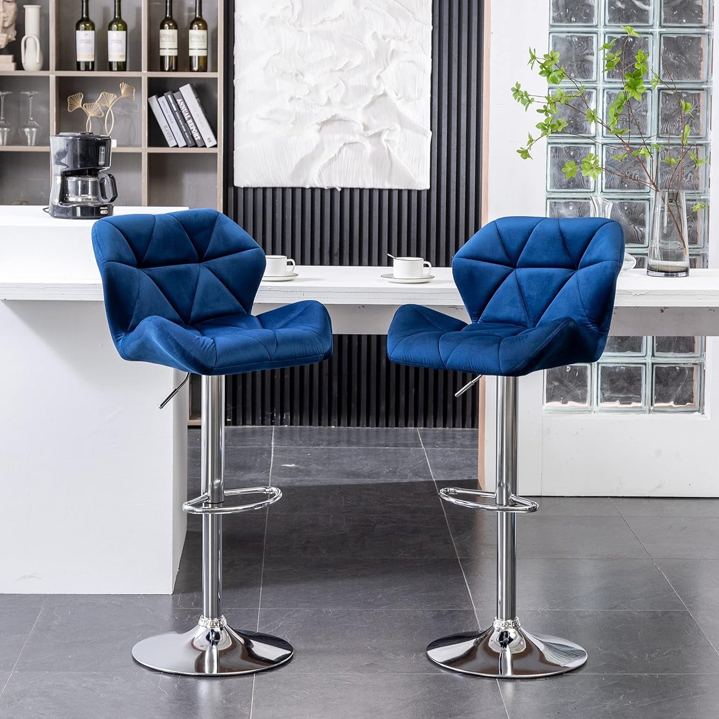 Breni Velvet Diamond Tufted Swivel Adjustable Height Barstools, Set of 2, Blue-0