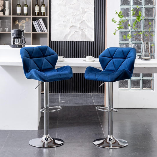 Breni Velvet Diamond Tufted Swivel Adjustable Height Barstools, Set of 2, Blue-0