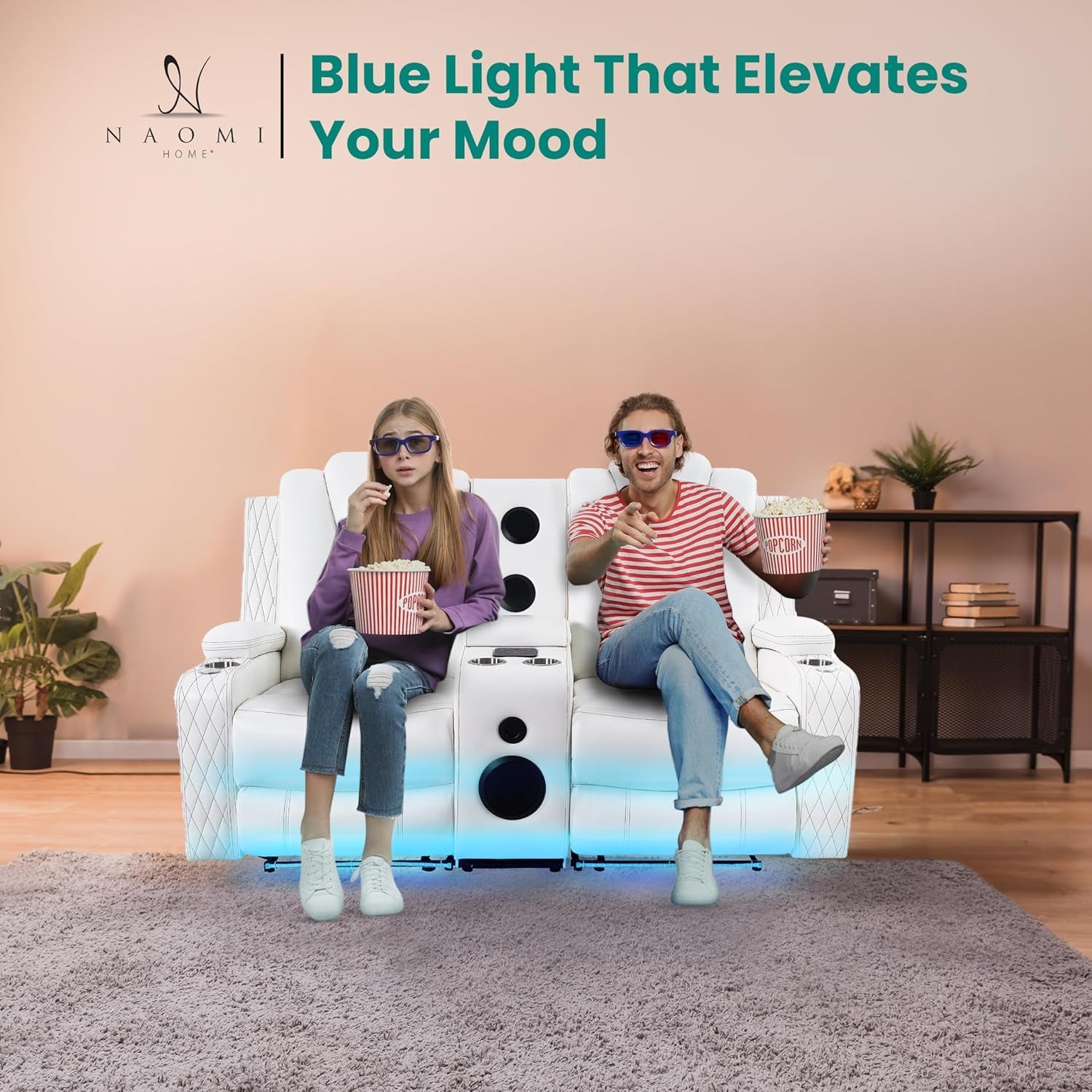 Chicago Power Loveseat Recliner Sofa with Massage & Home Theater Seating with Wireless Charging Electric Recliner RV Sofa with Usb/Cup Holders/Storage/Led Light/Speaker, White/Air Leather-4