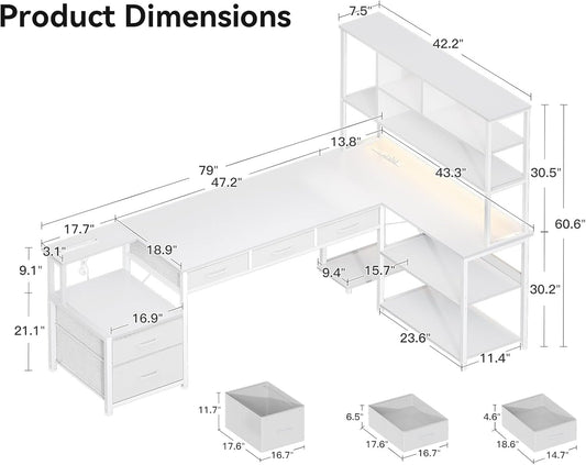 79 Inch L Shaped Desk with File Drawers, Reversible L Shaped Gaming Desk with Power Outlets & LED Lights, Computer Desk with Storage Shelves for Home Office, White-1