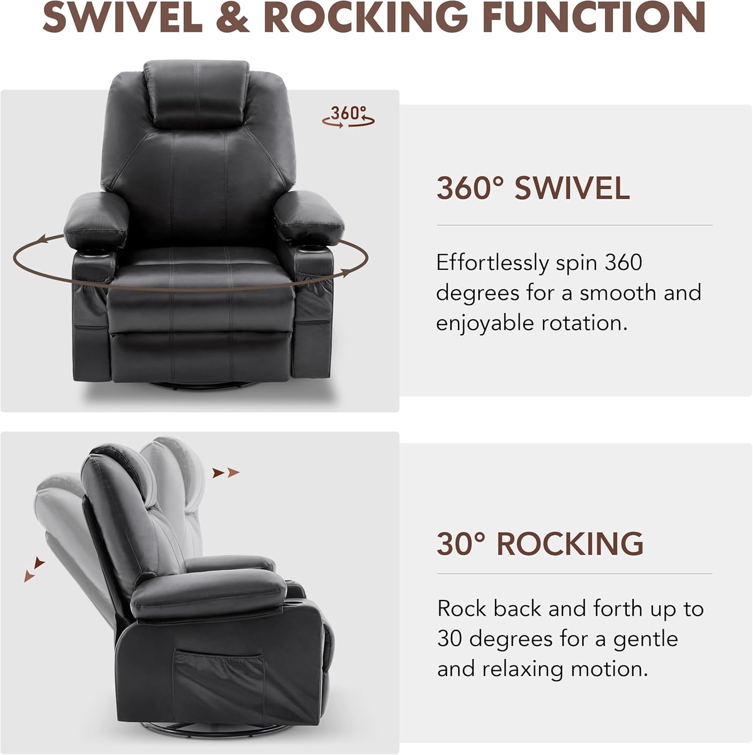 Oversized Swivel Rocker Recliner Chair with Heat and Massage, 360 Degree Swivel Rocking Single Sofa with Cup Holders and USB Port, Big Large Recliner Chair for Living Room (Leather, Black)-2