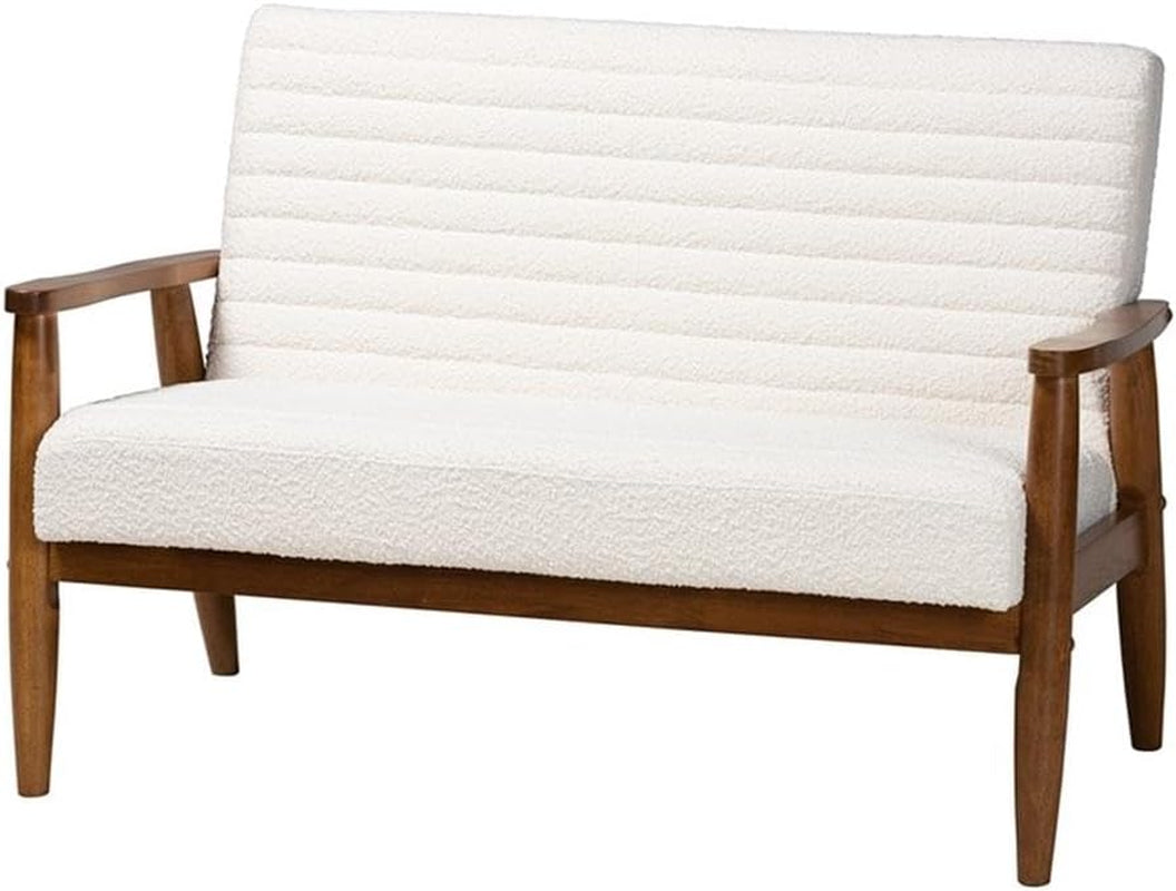 Stratton Mid-Century Modern Cream Boucle Fabric and Walnut Brown Finished Wood 3-Piece Living Room Set-2
