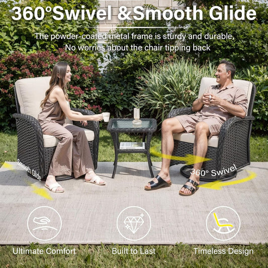 3 Pieces Black Wicker Patio Furniture Outdoor Swivel Rocker Patio Glider Chairs Set of 2 with Side Table Beige Cushion-1