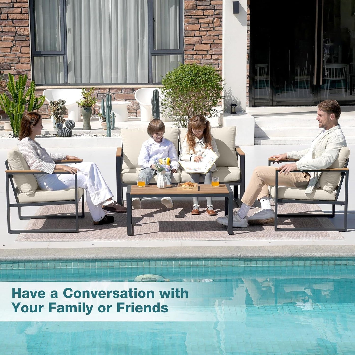 Patio Furniture Set, 4 Pieces Outdoor Patio Furniture with Coffee Table Set, Metal Patio Conversation Sets with Washable and High-Resiliency Sponge Cushions, Upgarded Beige-2