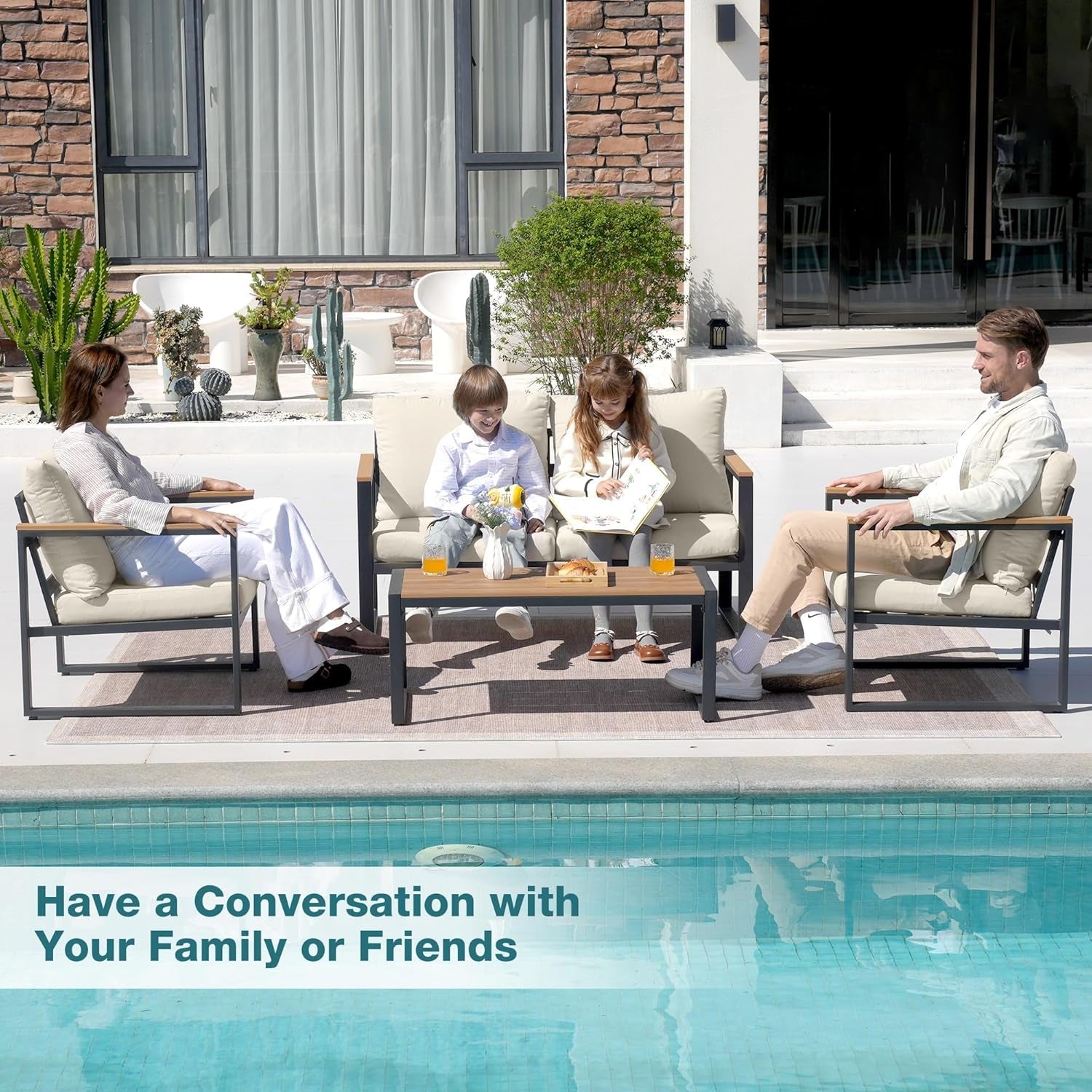 Patio Furniture Set, 4 Pieces Outdoor Patio Furniture with Coffee Table Set, Metal Patio Conversation Sets with Washable and High-Resiliency Sponge Cushions, Upgarded Beige-2