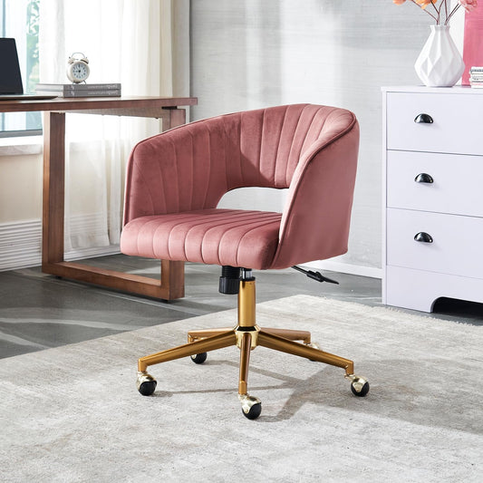 Home Office Chair Swivel Velvet Desk Chair, Vanity Chair with 360 Swivel Armchair and Gold Base,For Living Room, Bedroom, Vanity, Study (Pink)-1