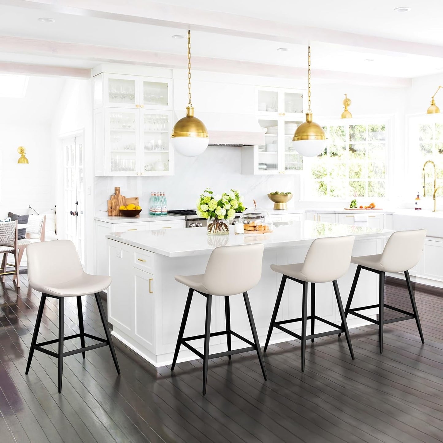 24 Inch Counter Stool, Modern Bucket Barstool Set of 3, Barstools with Back and Footrest, Faux Leather Bar Stools for Kitchen Island Restaurants, Antique White-2