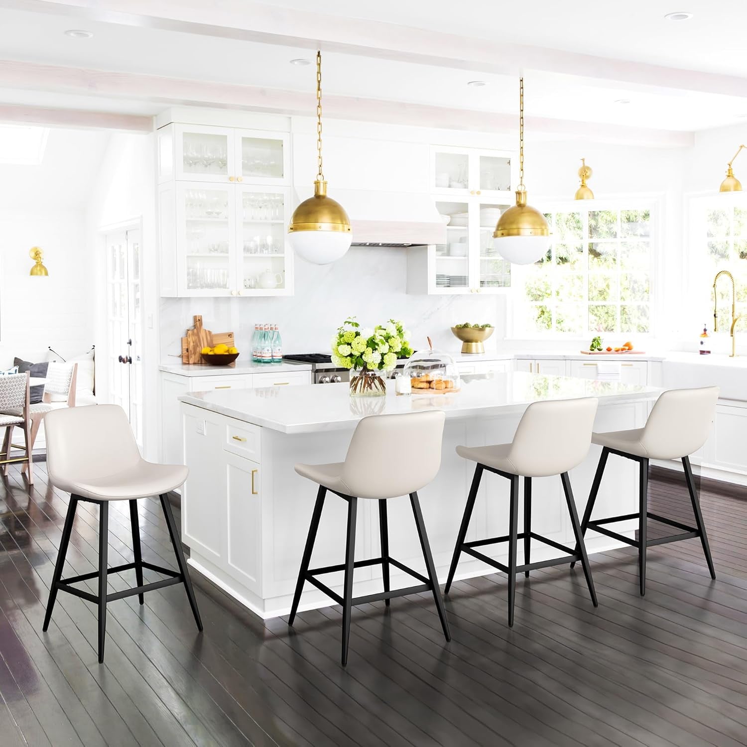 24 Inch Counter Stool, Modern Bucket Barstool Set of 3, Barstools with Back and Footrest, Faux Leather Bar Stools for Kitchen Island Restaurants, Antique White-2