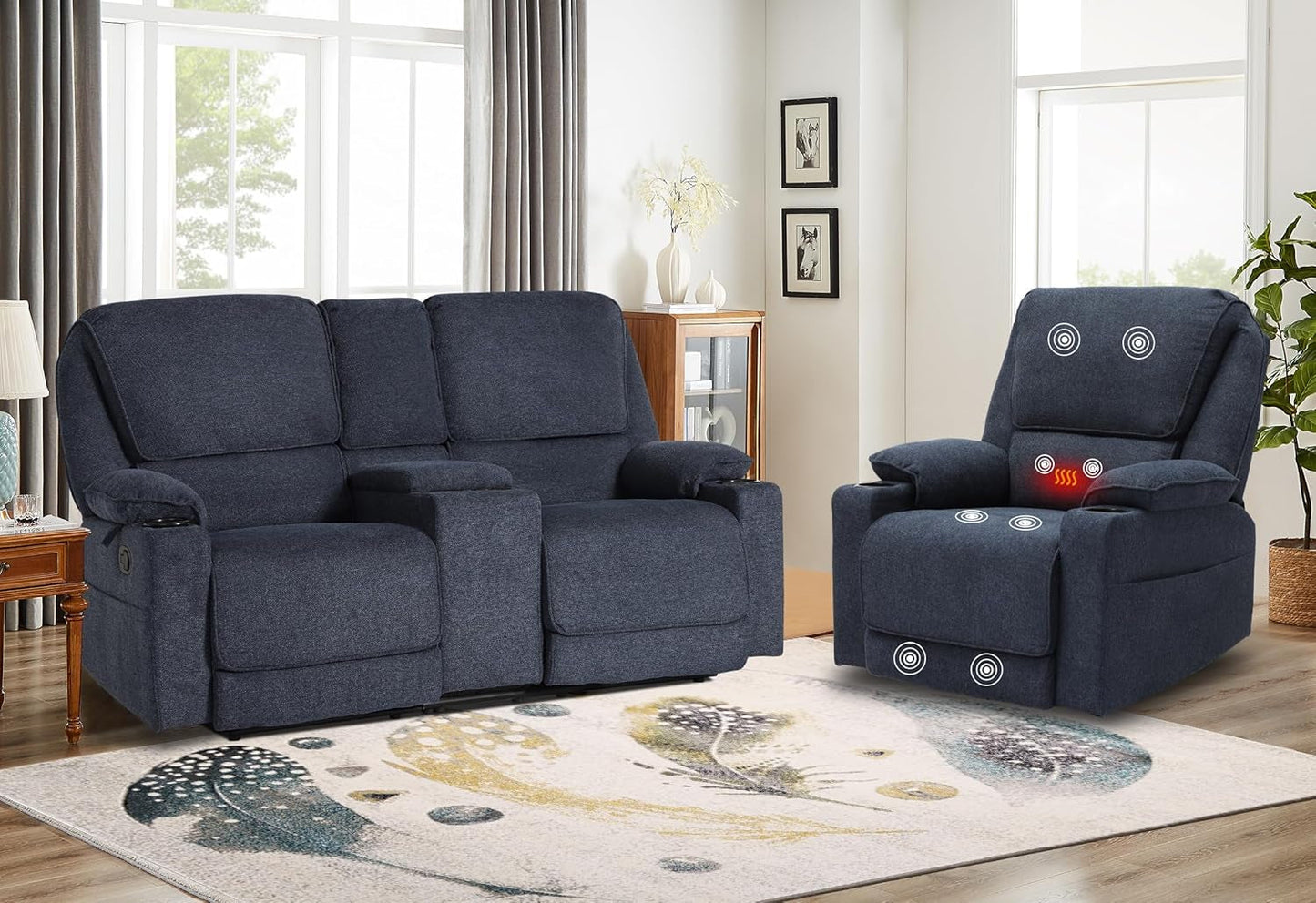 Reclining Living Room Set, 2-Piece Recliner Furniture Sofa, Loveseat Recliner and Swivel Recliner Chair with Cup Houlders for Living Room,Navy Blue-0