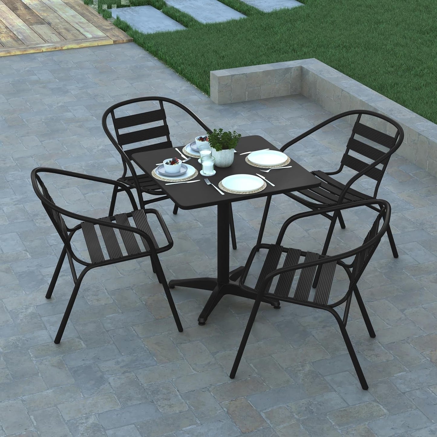 Rhea 27.5" Square Glass Metal Table with 4 Slat Back Chairs - Black - 5 Piece Patio Set - All-Weather for Indoor/Outdoor Use-2