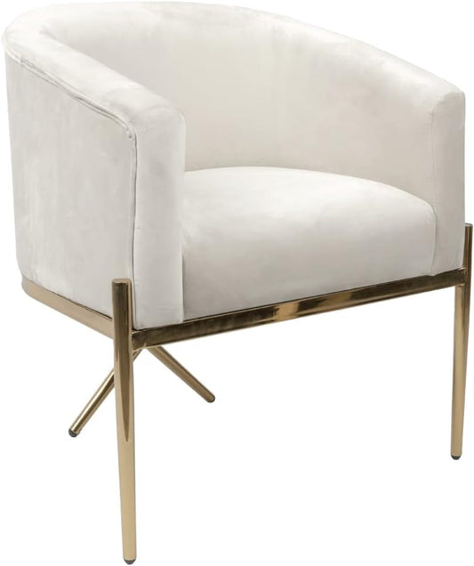Arm Chair for Living Room and Dining Room with Upholstered Easy Clean Velvet and X Shaped Gold Legs, Ivory-0