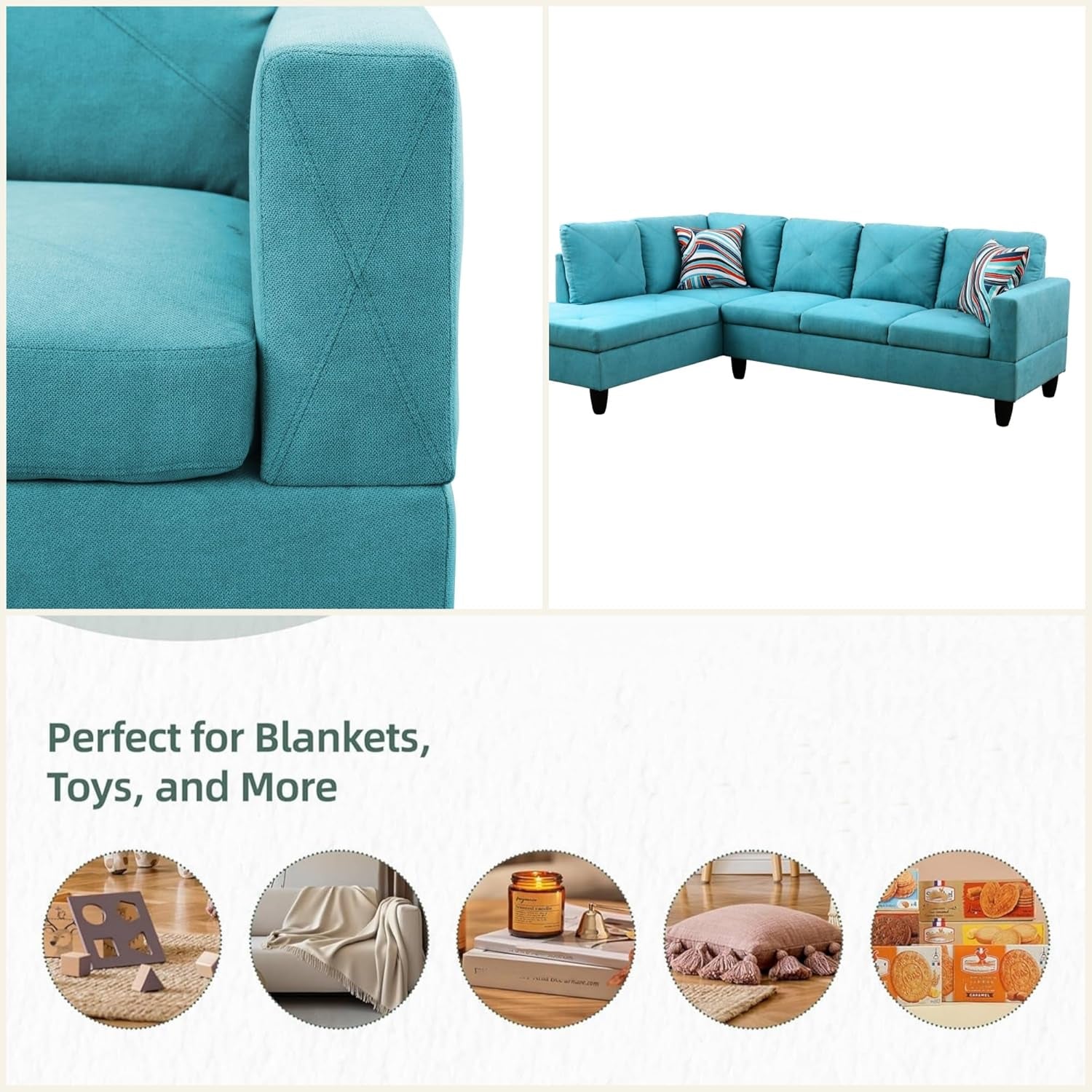 L Shaped Sectional Couch Sofa, Modern Couches for Living Room, Comfy 4 Seat Modular Sectional Sofa with Ottoman Storage for Bedroom Apartment, Blue-3