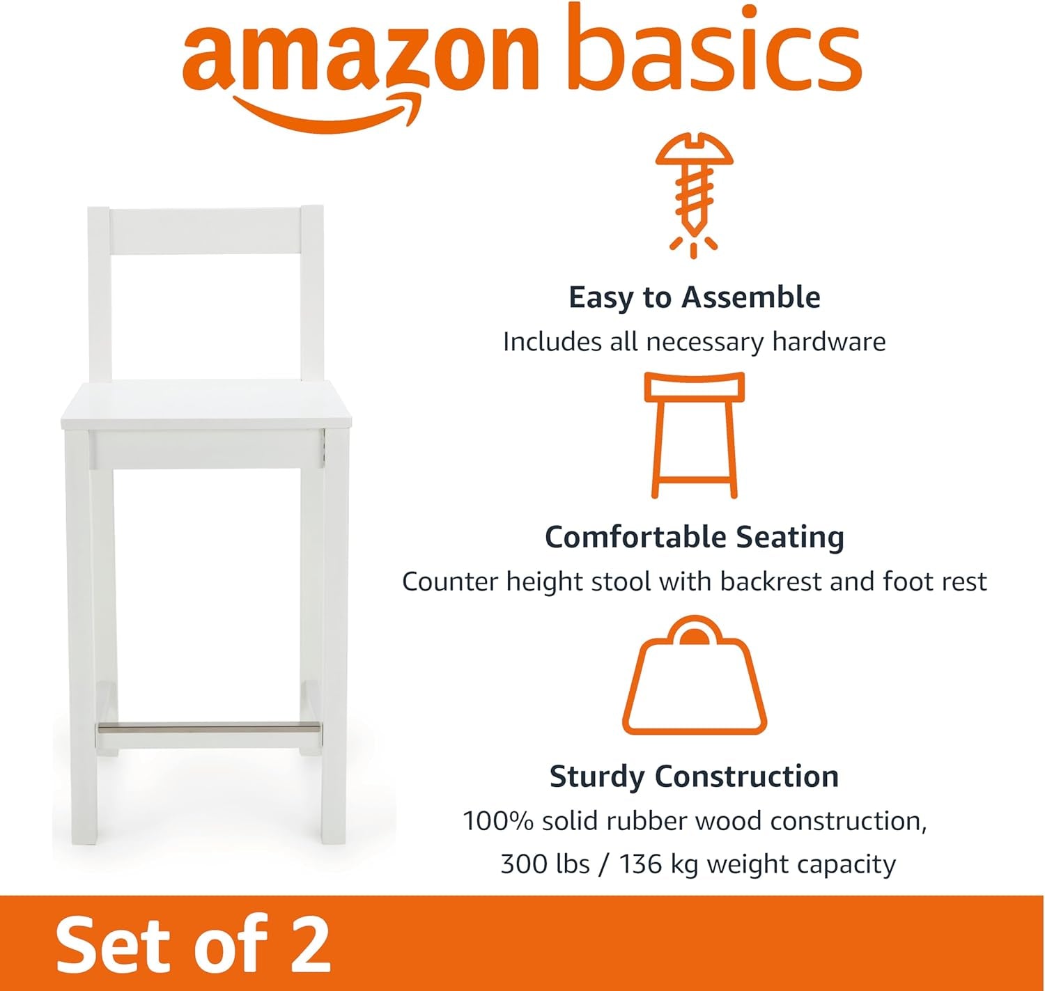 Wooden Bar Stool with Backrest, White, Set of 2-2
