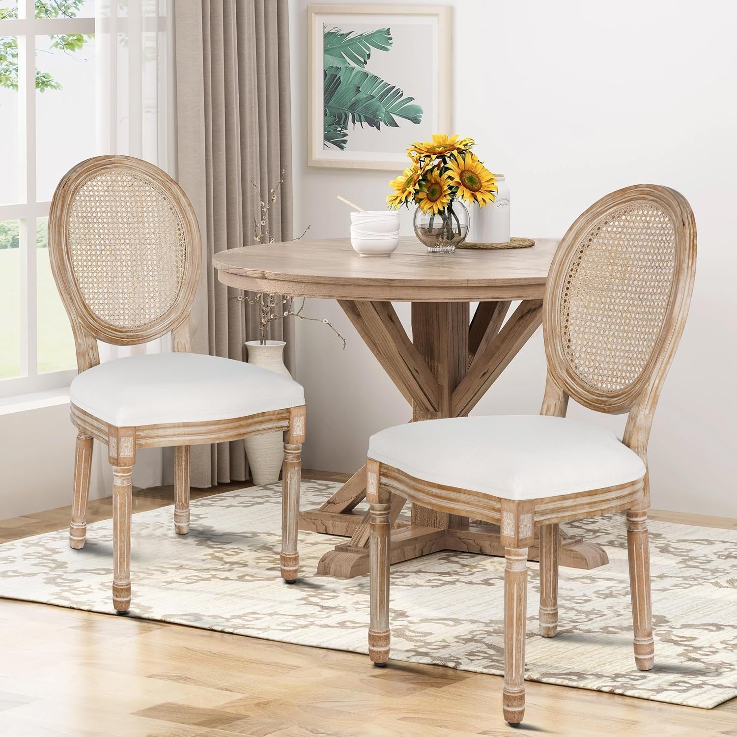 Dining Chairs Set of 2 Beige Rattan round Back with Solid Wood Legs and Frame for French Country Kitchen Dining Room-3