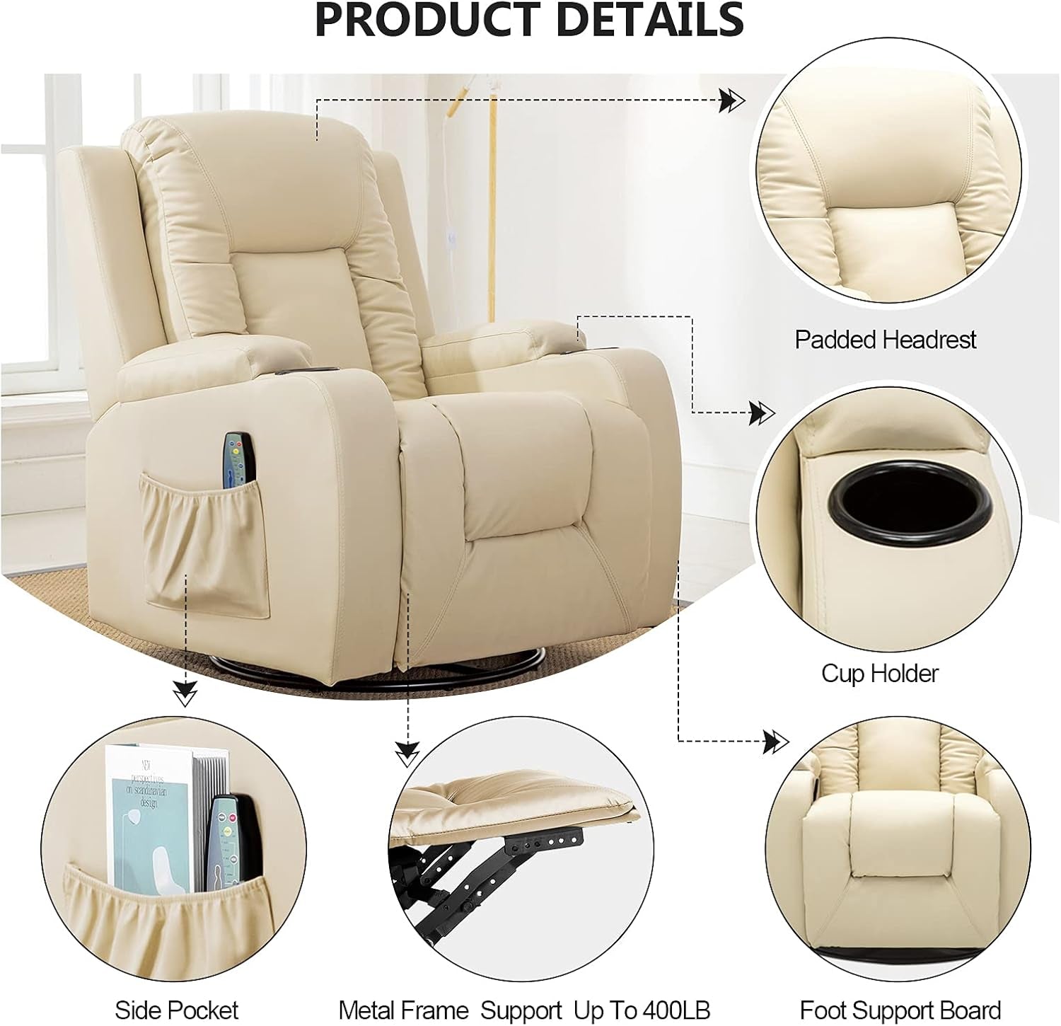 Recliner Chair, PU Rocking Chair for Adults, Swivel Recliner with Cup Holders, Heat and Massage, Single Sofa Seat with Side Pockets for Living Room, Bedroom (White)-2