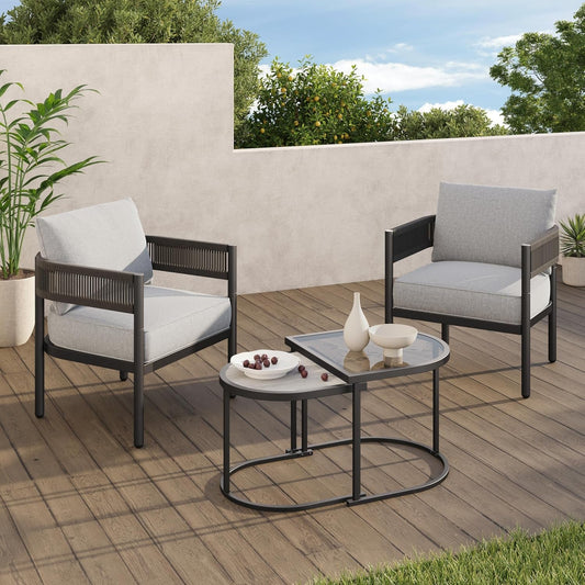 4-Piece Outdoor Conversation Set with 2 Single Chairs and 2 Patio Coffee Tables, Wicker Furniture Set-0