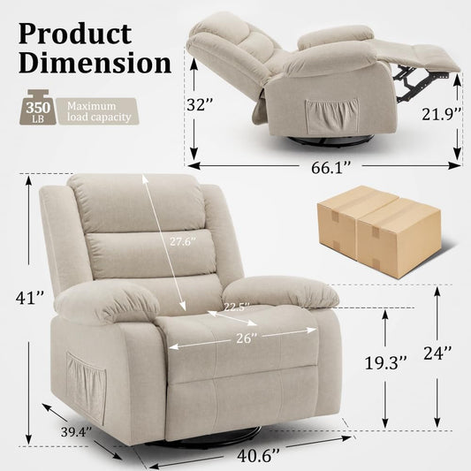 Recliner Chair, Wide Rocker Chair, Rocking Chair with Massage and Heat,360°Swivel Nursery Rocking Chairs, Oversized Recliner for Adults, Cashmere Reclining Sofa for Living Room, Beige-1