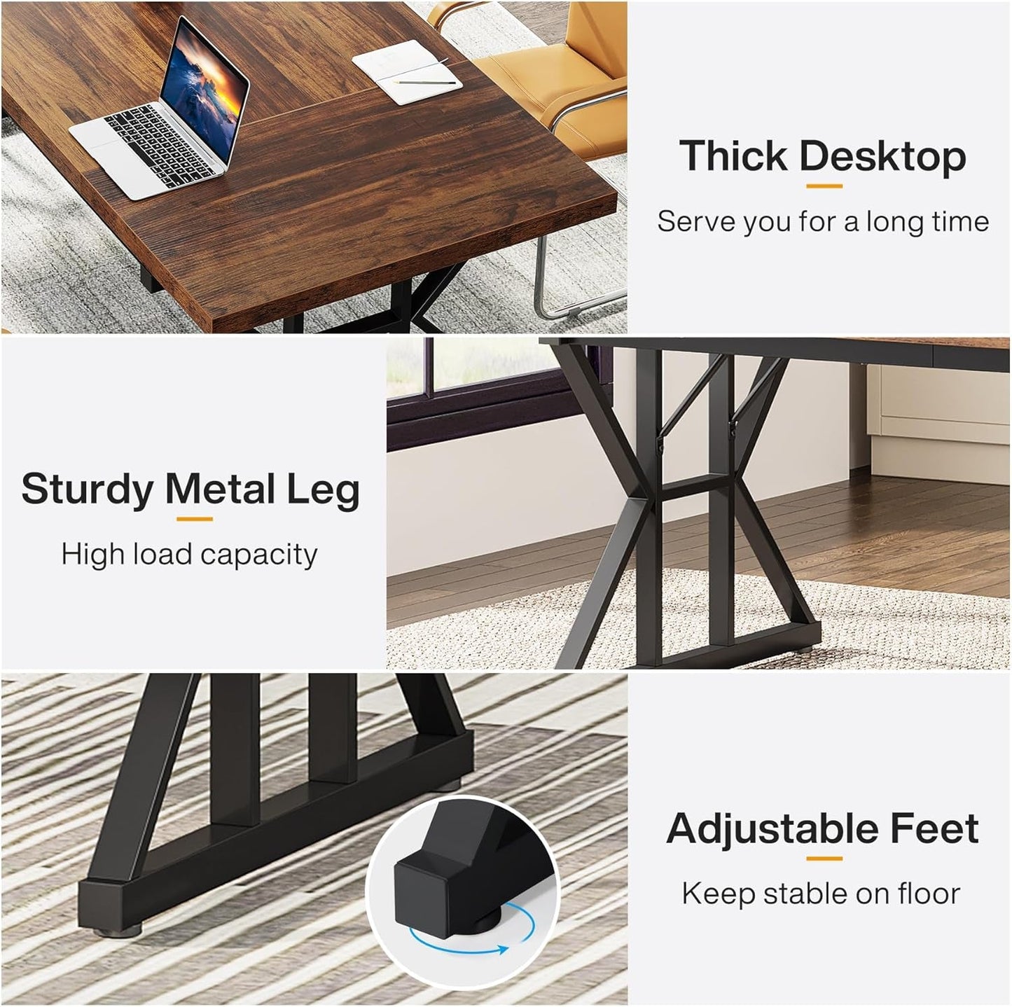 70.8-Inch Executive Desk, Large Computer Office Desk Workstation, Modern Simple Style Laptop Desk Study Writing Table Business Furniture for Home Office (Brown/Black, 70.8 Inch)-4