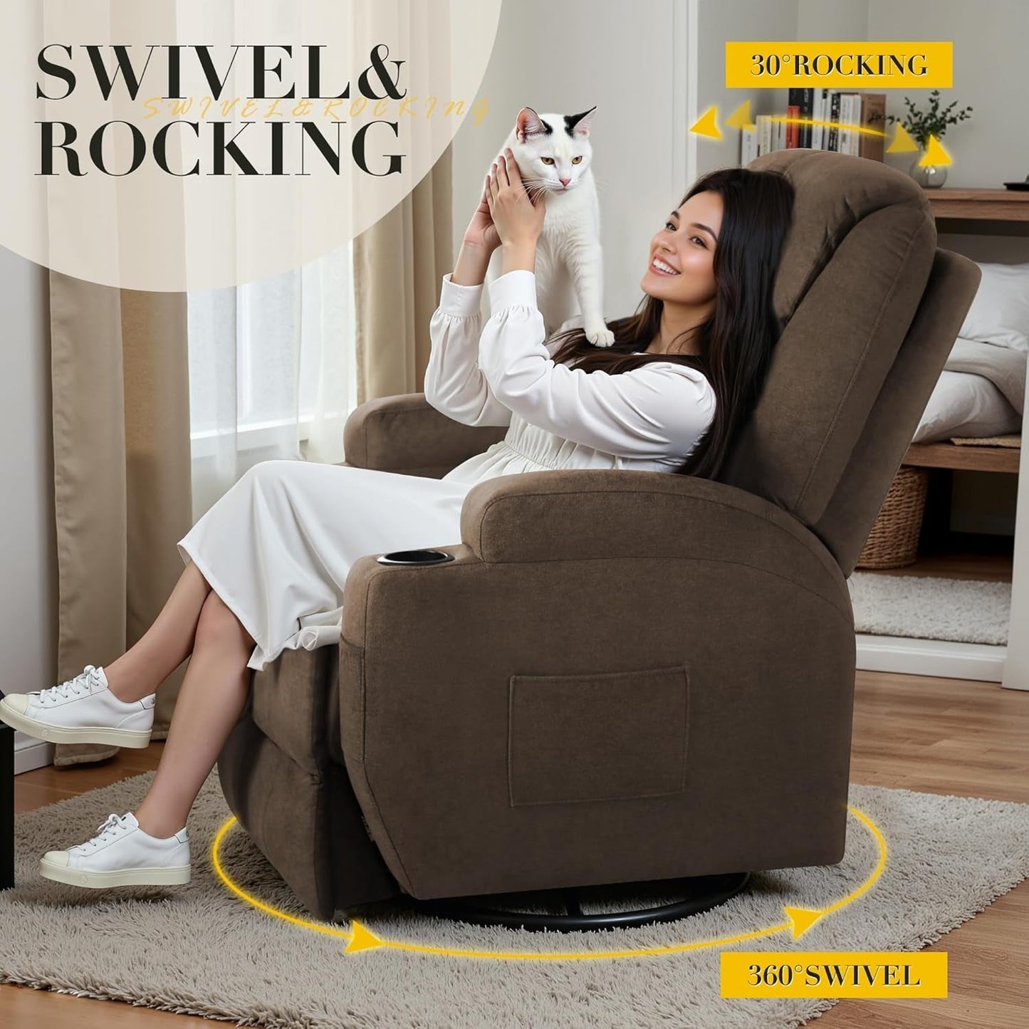 Recliner Chair, 360° Swivel Rocker Chair for Adults, Rocking Recliner Chair with Massage, Comfy Single Sofa with Side Pockets Cup Holders for Living Room, Bedroom, Nursery (Fabric, Brown)-2