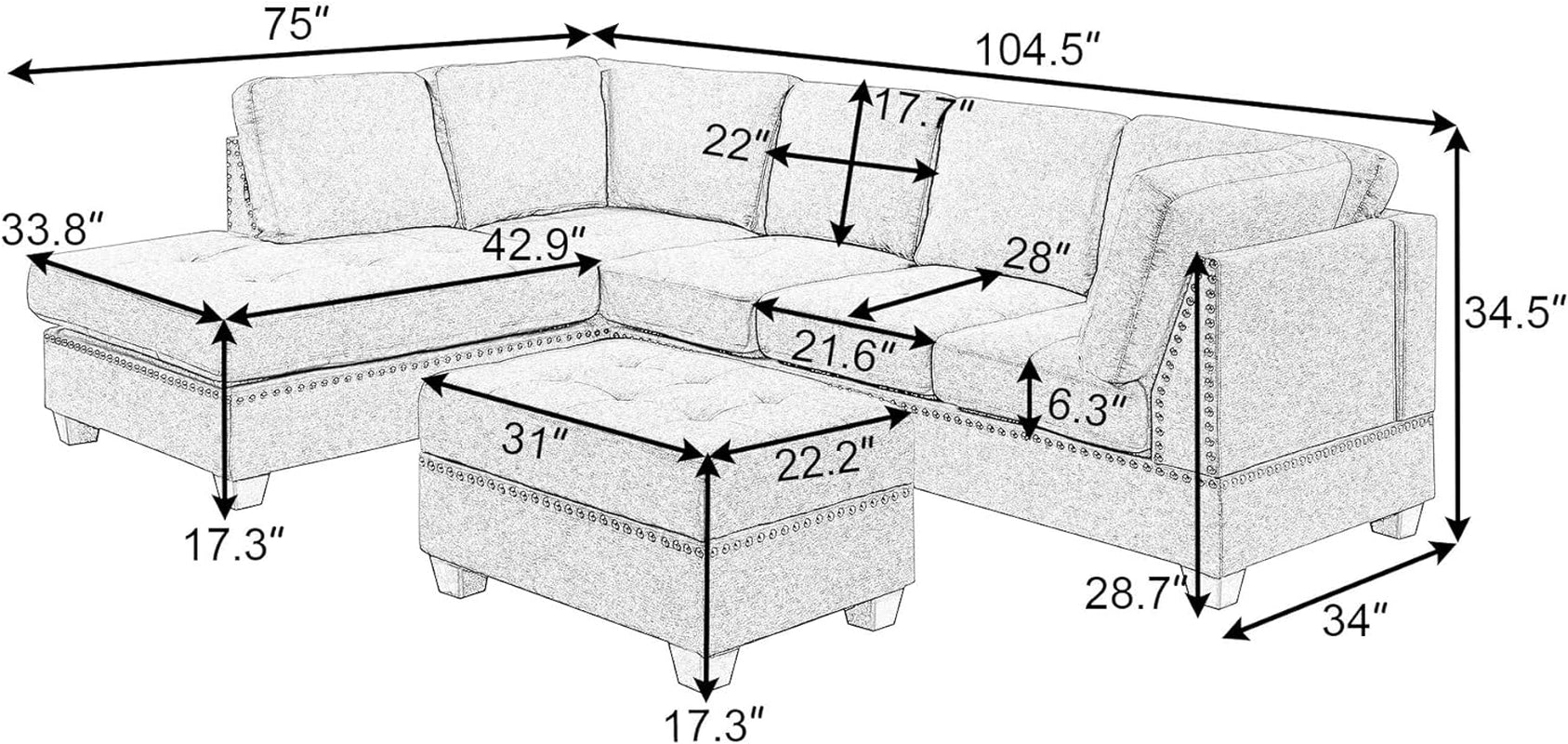 Sectional Sofas 3-Seat Sofa Sectional Sofa Couches with Reversible Chaise Storage Ottoman and 2 Cup Holders, Sofa Lounge and Ottoman for Living Room Furniture-2