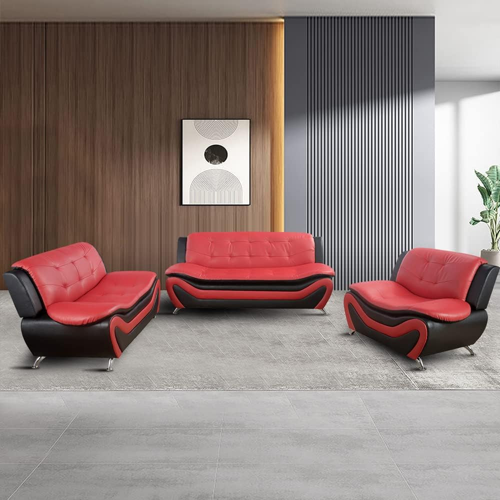 Living Room Furniture Set, Faux Leather Sofa Couch Set, 3 Pieces Modern Sofa Set for Living Room/Apartment/Office (Black&Red)-0