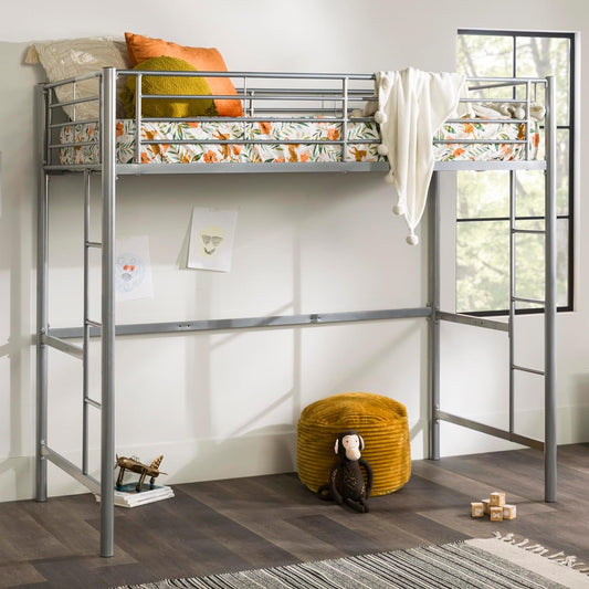 Silver Metal Twin over Loft Bunk Bed Twin Size Bedframe with Ladder-1