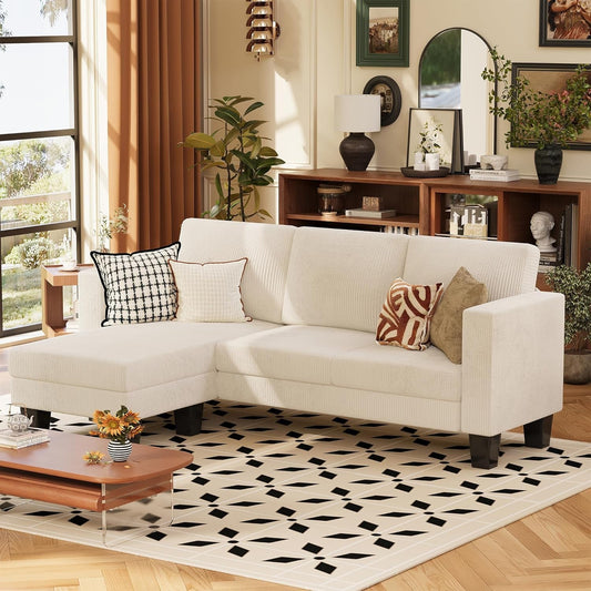 Convertible Sectional Sofa Couch, 3 Seat L-Shaped Sofa with Linen Fabric Ottoman Small Couch for Small Apartments, Living Room and Office (Corduroy, Cream)-0